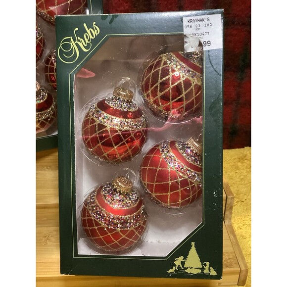 Krebs Glass Christmas Ornaments Candy Apple Red Flame Stripes & Lattice 2 Boxes - Picture 2 of 15